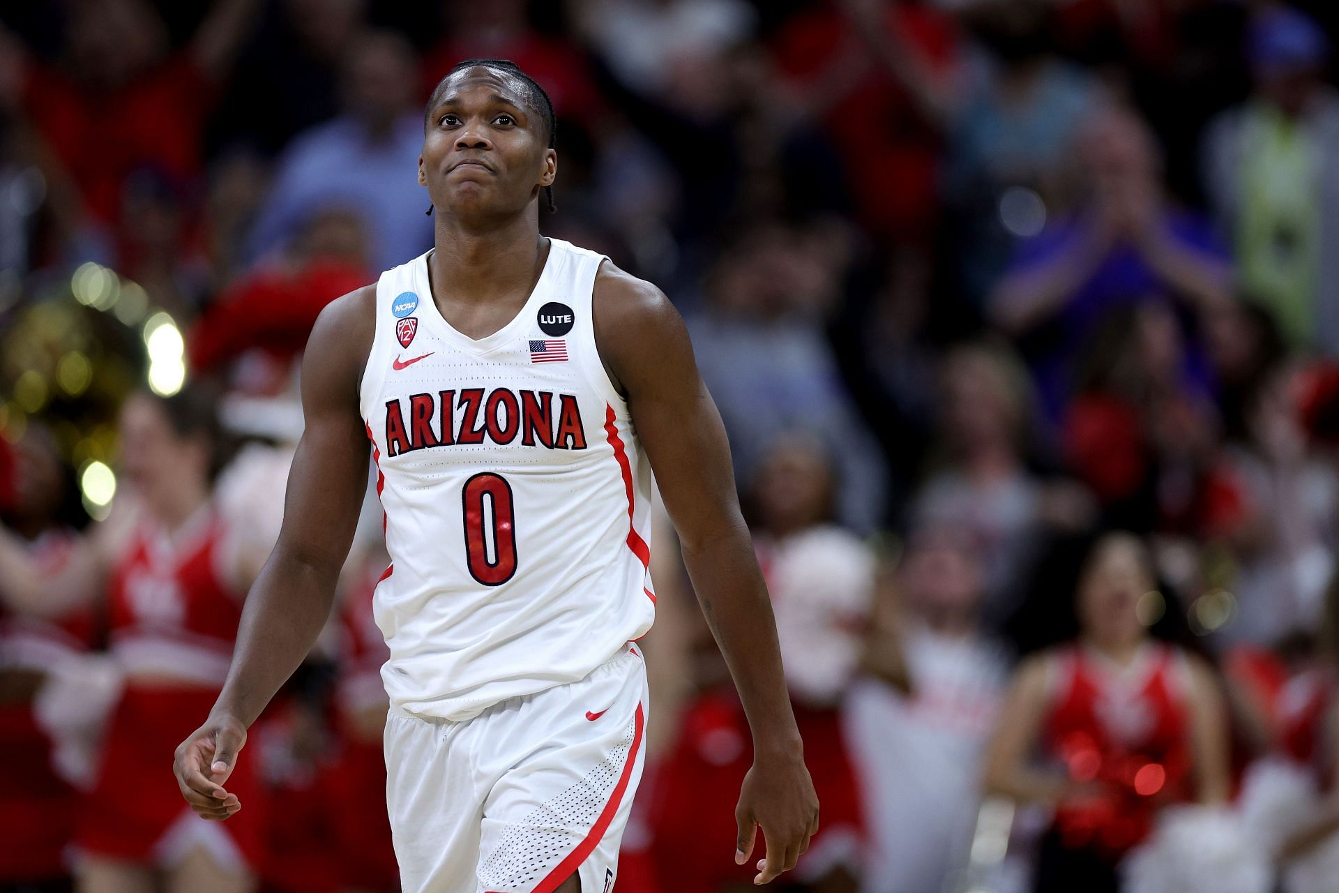 Bennedict Mathurin #0 of the Arizona Wildcats reacts after losing to the Houston Cougars 72-60 in the NCAA Men's Basketball Tournament