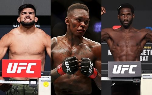 Kelvin Gastelum (left); Israel Adesanya (center); Jared Cannonier (right)