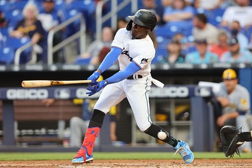 Jazz Chisholm Jr. of the Miami Marlins strikes out swinging.