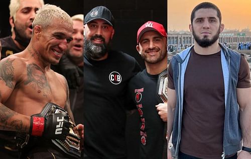 Charles Oliveira (left), Eugene Bareman & Alexander Volkanovksi (center) and Islam Makhachev (right) [Image Credits- @citykickboxing & @islam_makhachev on Instagram]