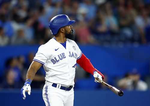 Teoscar Hernandez of the Toronto Blue Jays hits a two-run homer.