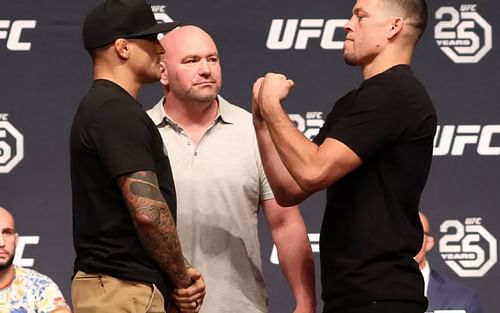 Dustin Poirier and Nate Diaz at the UFC 230 pre-fight press conference