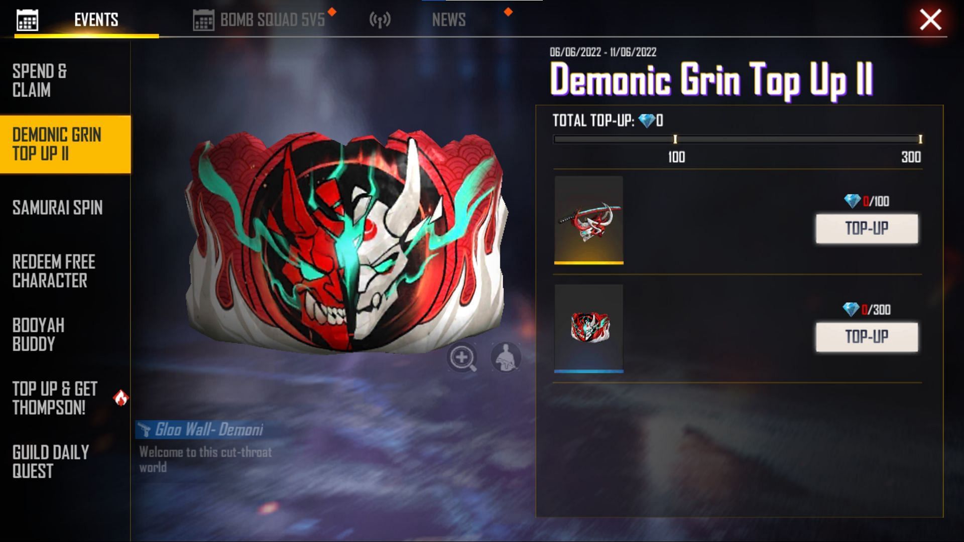 Demonic Grin Top Up II started recently, and it offers two rewards to players (Image via Garena)