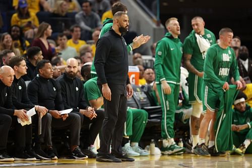 Head coach Ime Udoka of the Boston Celtics looks on during the second quarter.