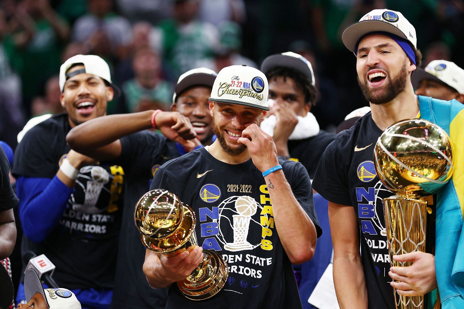 Stephen Curry and Klay Thompson of the Golden State Warriors celebrate after defeating the Boston Celtics.