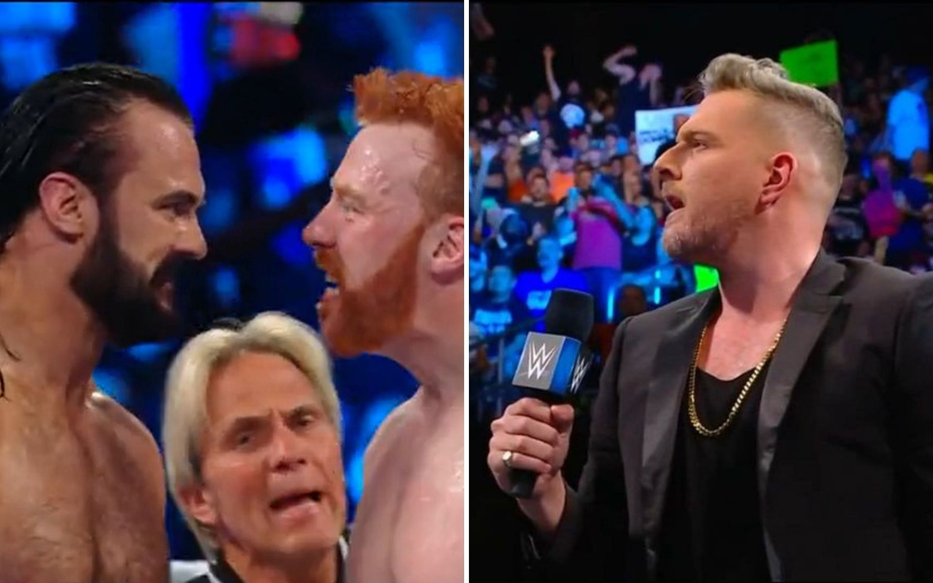 Drew McIntyre and Sheamus (left); Pat McAfee (right)