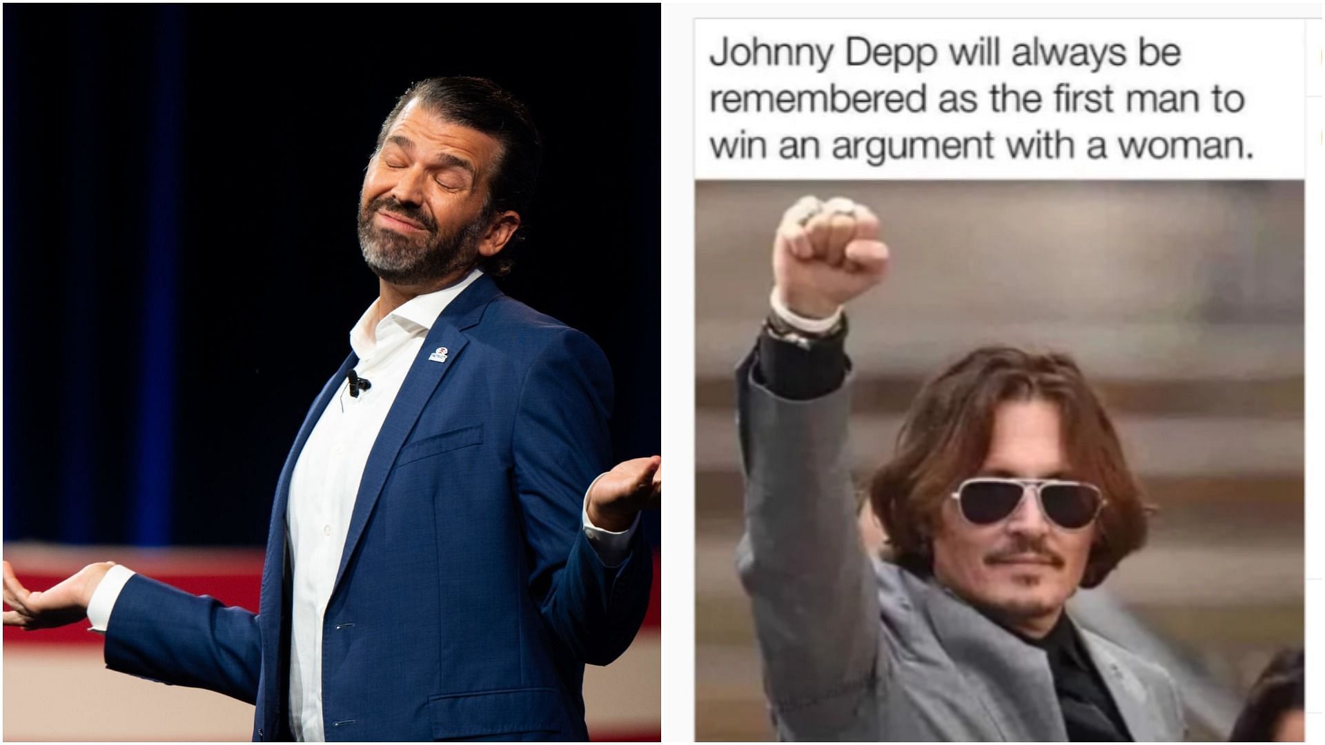 Donald Trump Jr. and a Johnny Depp meme (Image via Brandon Bell/Getty Images, and donaldjtrumpjr/Instagram)