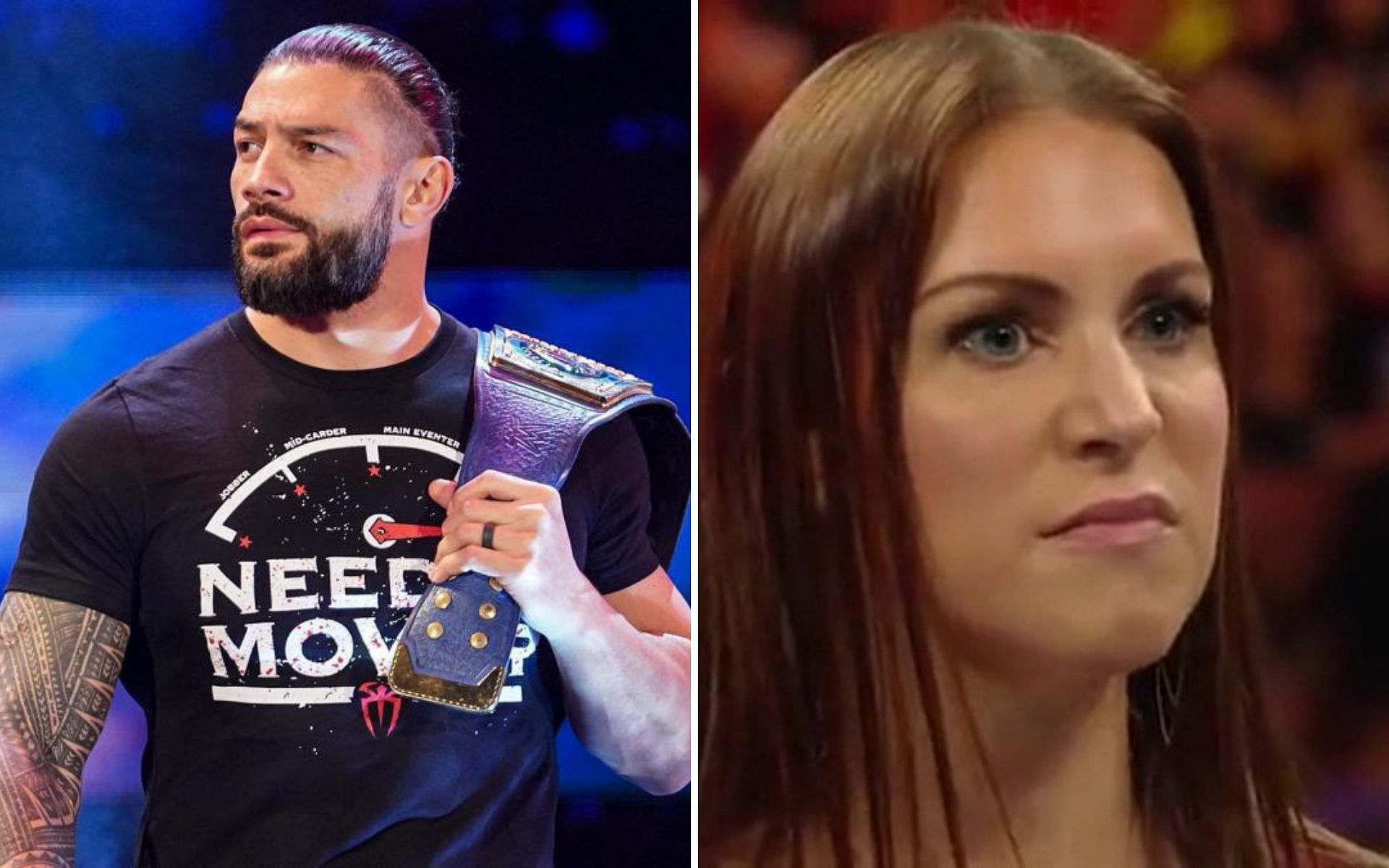 Roman Reigns, the undisputed Universal Champion (left); Stephanie McMahon (right)