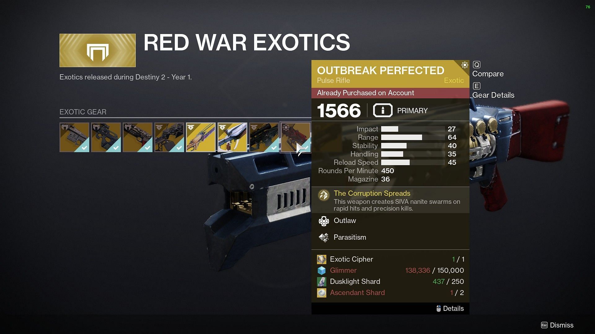 Red War Exotics tab in Exotic Kiosk (Image via Destiny 2)