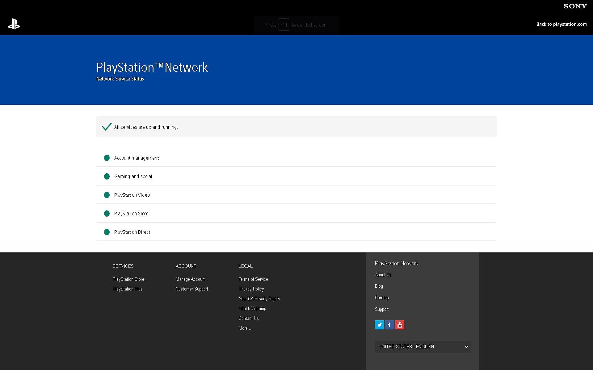 The network status for PSN (Image via Sony)