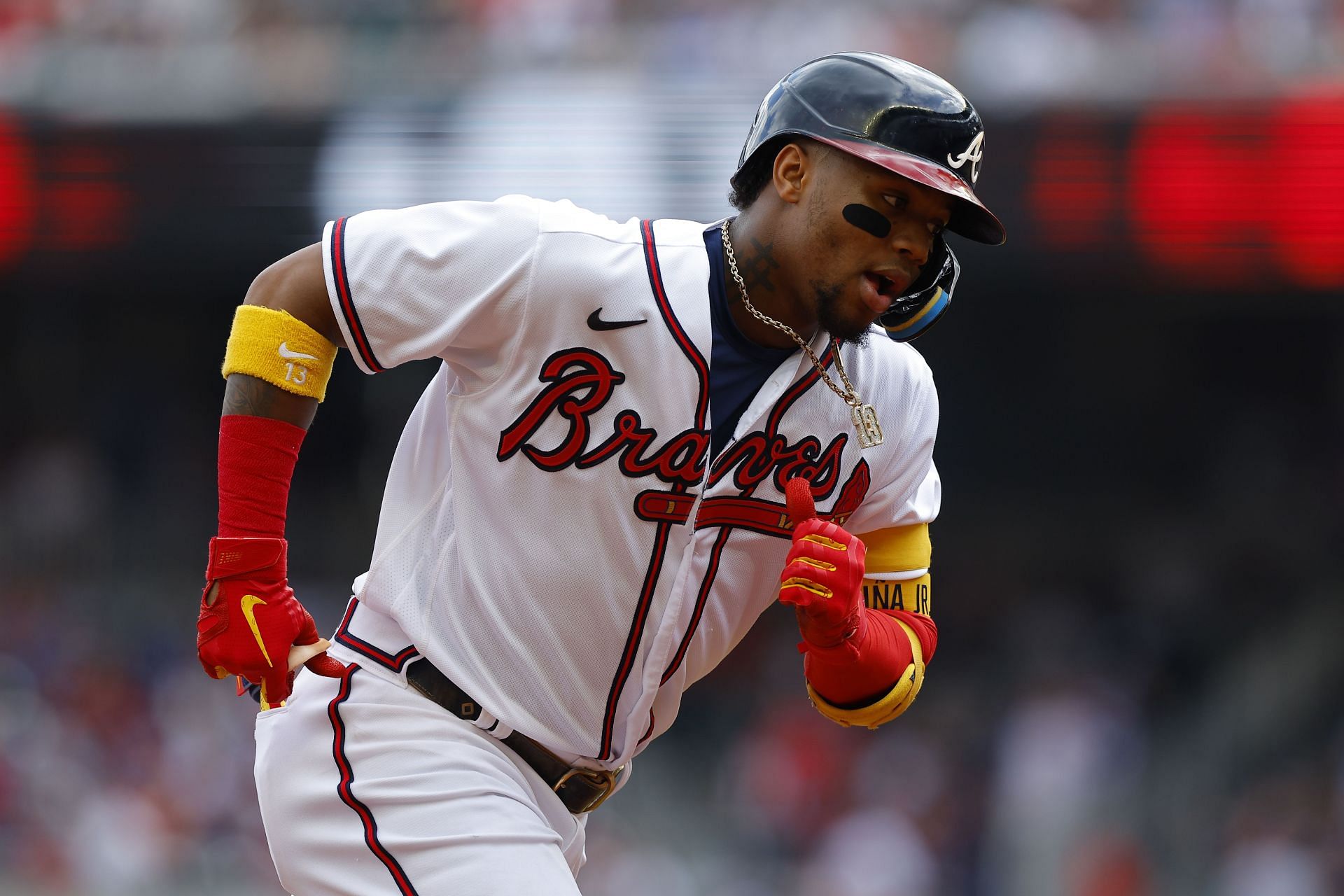 Ronald Acuna Jr. rounds the bases after a home run during a Pirates vs. Braves game.