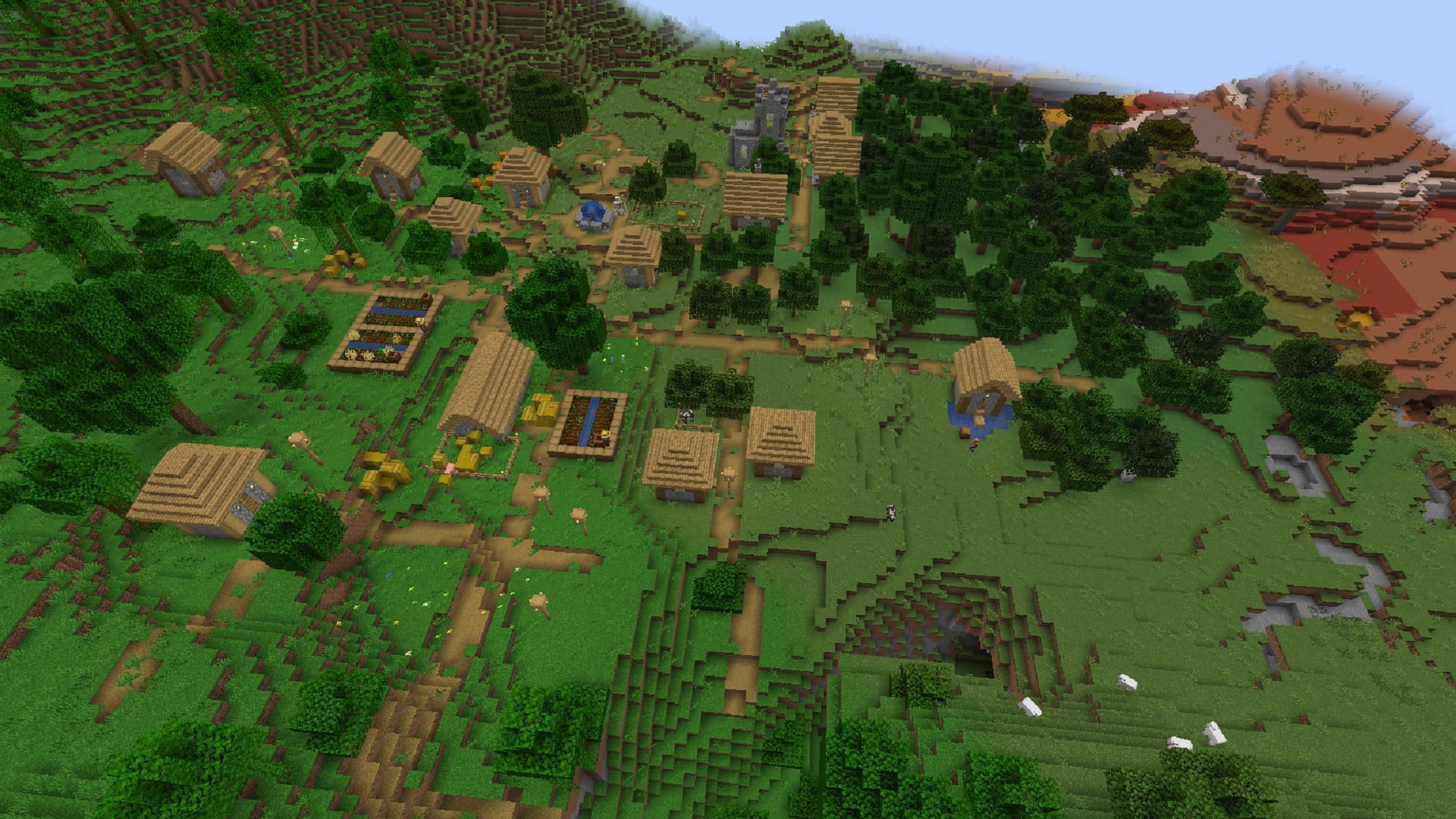 The village bordering on multiple biomes (Image via Mojang)