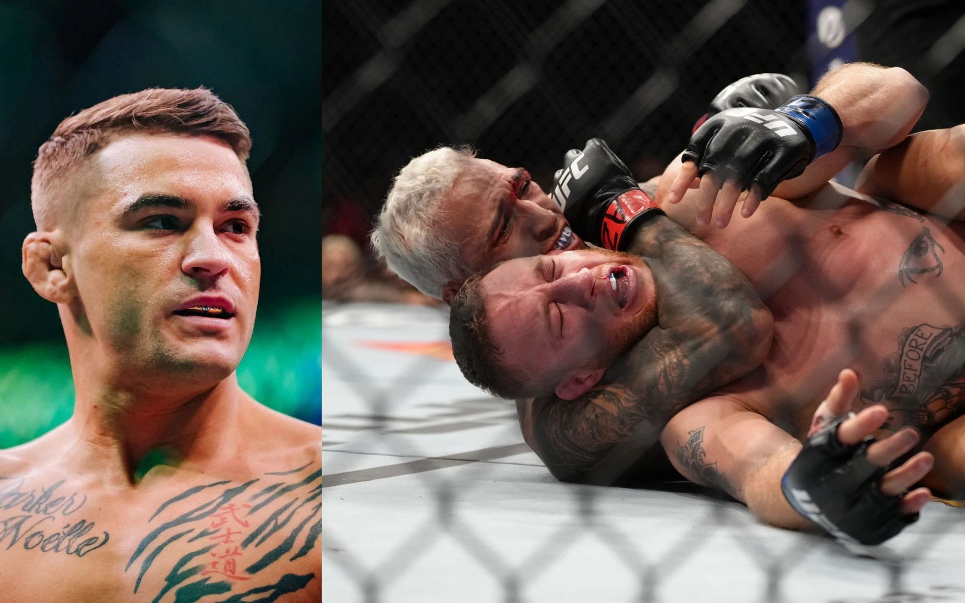 Dustin Poirier (left); Charles Oliveira submits Justin Gaethje at UFC 274 [Image courtesy: @MMAFighting on Twitter]