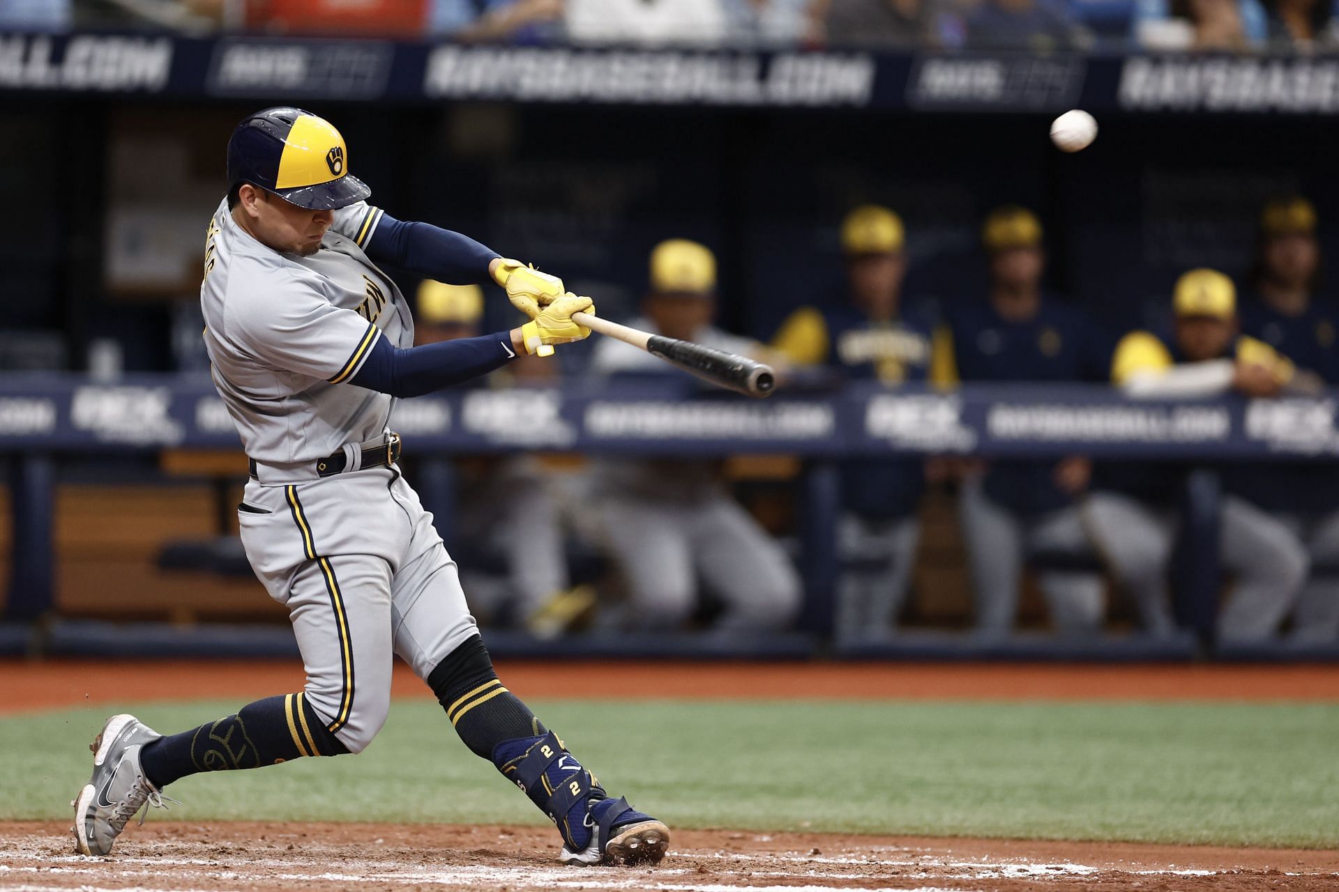 Luis Urias blasts a home run during today&#039;s Milwaukee Brewers v Tampa Bay Rays game.