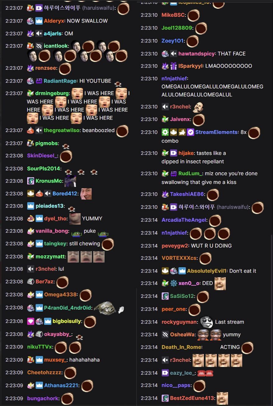 Fans reacting to the streamer eating jelly beans (Images via Mizkif/Twitch)