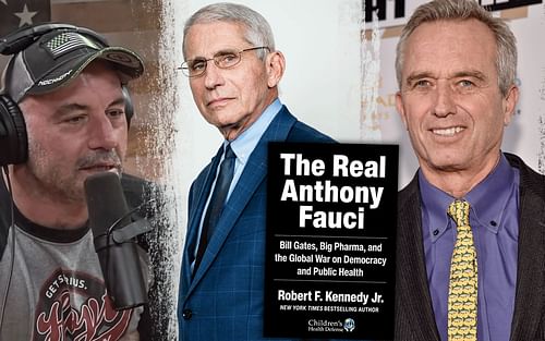 Joe Rogan comments on Robert F. Kennedy Jr.'s book The Real Anthony Fauci [Photo credit: PowerfulJRE on YouTube, time.com, and amazon.com]