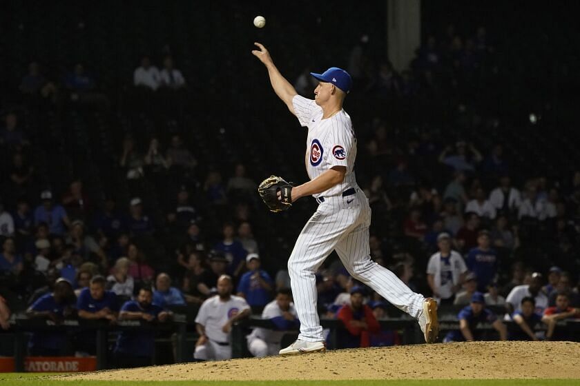 Chicago Cubs first baseman Frank Schwindel on the mound