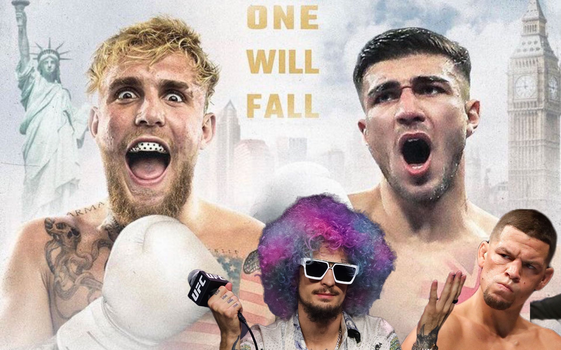 Jake Paul (left), Tommy Fury (right), Sean O&#039;Malley (front left), Nate Diaz (front right) (Images via Getty and Twitter/Jake Paul)