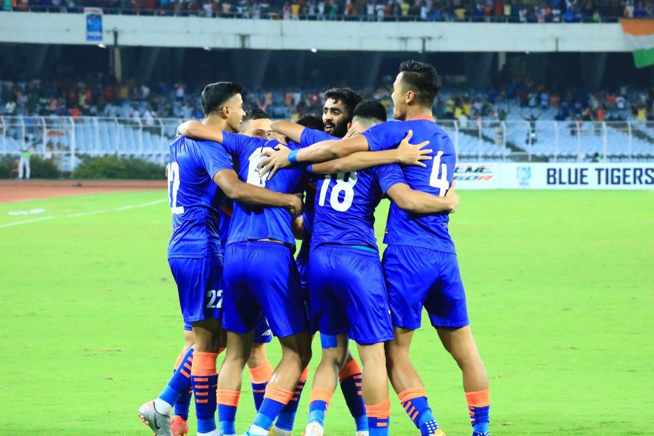 Indian players during their clash against Hong Kong. [Credits: Indian Football Team Twitter]