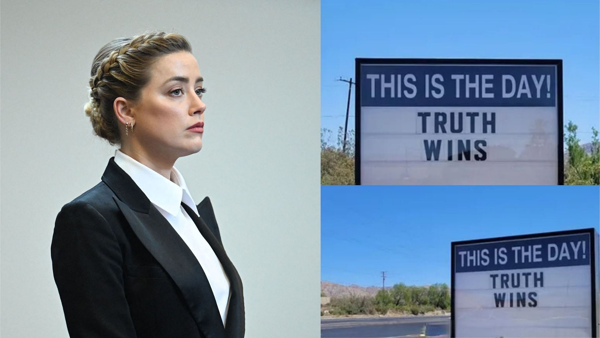 Amber Heard will have to cross a &#039;Truth Wins&#039; sign on the way to her Yucca Valley home (Images via Jim Watson/Getty Images and TMZ)