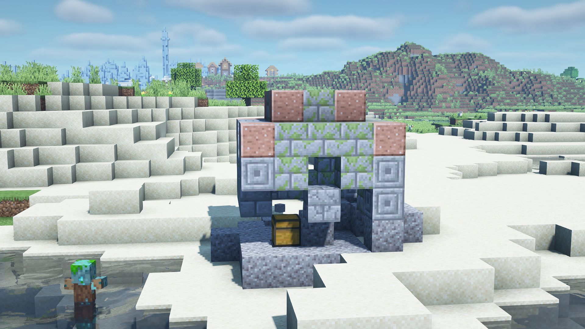 Exposed underwater ruin south of the village (Image via Minecraft 1.19)
