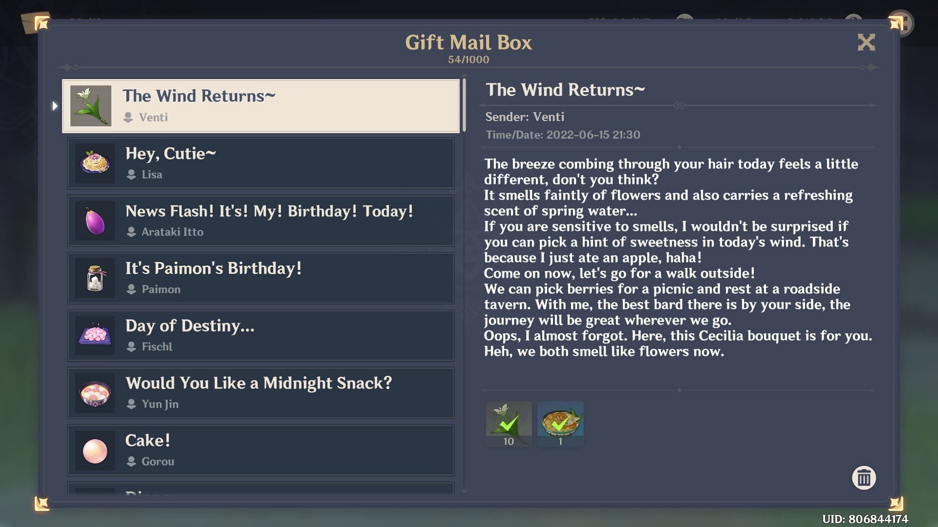 The actual mail that Travelers got on June 16, 2022 (Image via miHoYo)
