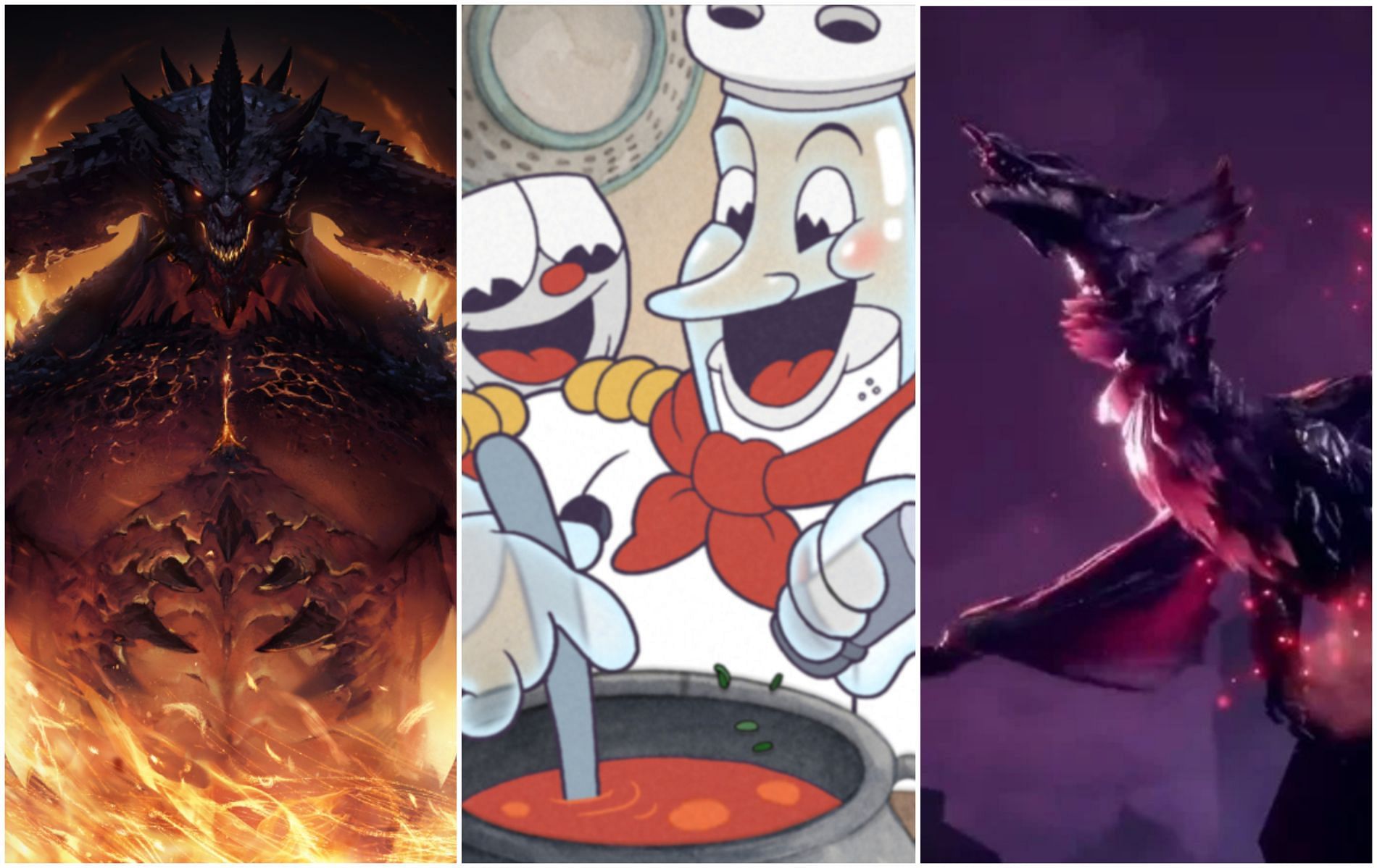 Diablo Immortal, Cuphead, and Monster Hunter Rise are part of the June 2022 line-up (Images by Blizzard, Studio MDHR, and Capcom)
