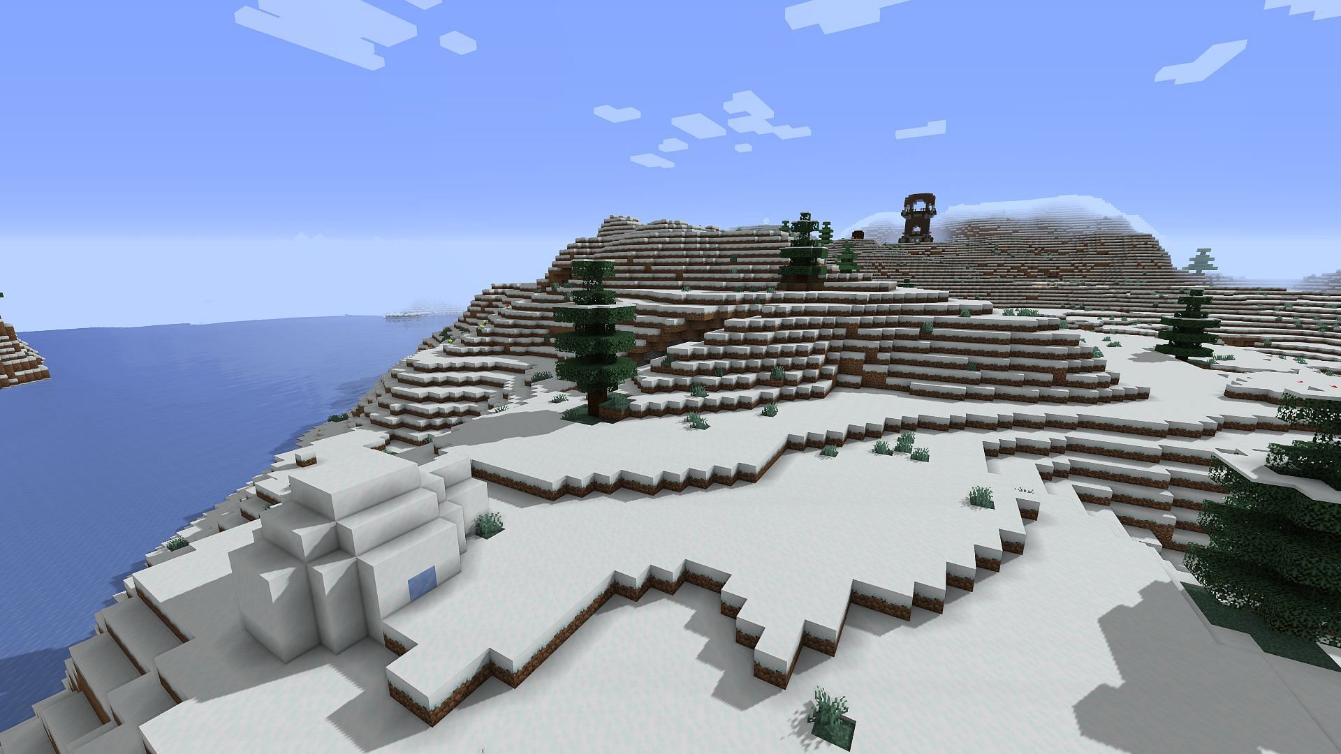 An igloo with a pillager outpost in the distance (Image via Minecraft)