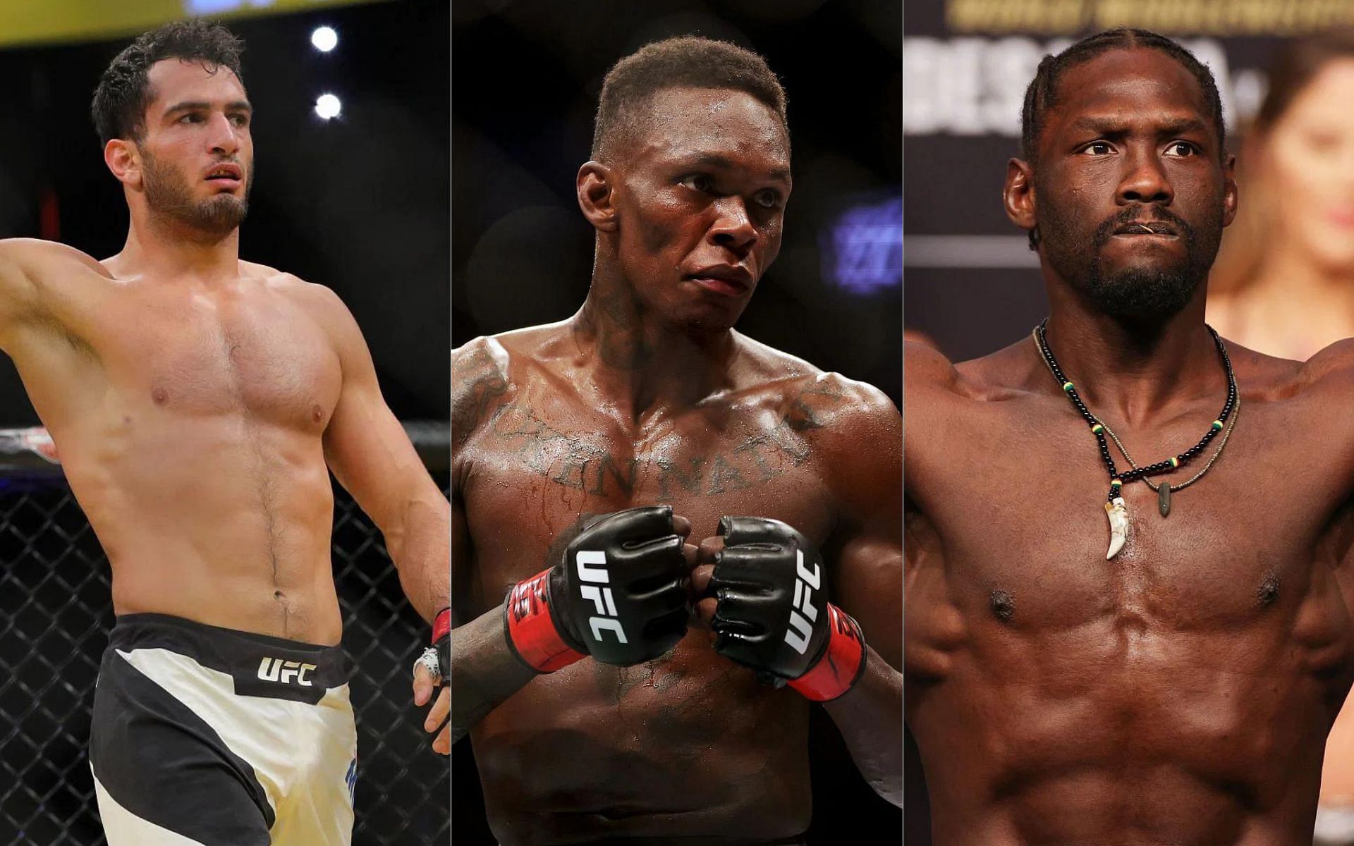 Gegard Mousasi (left), Israel Adesanya (center), and Jared Cannonier (right)