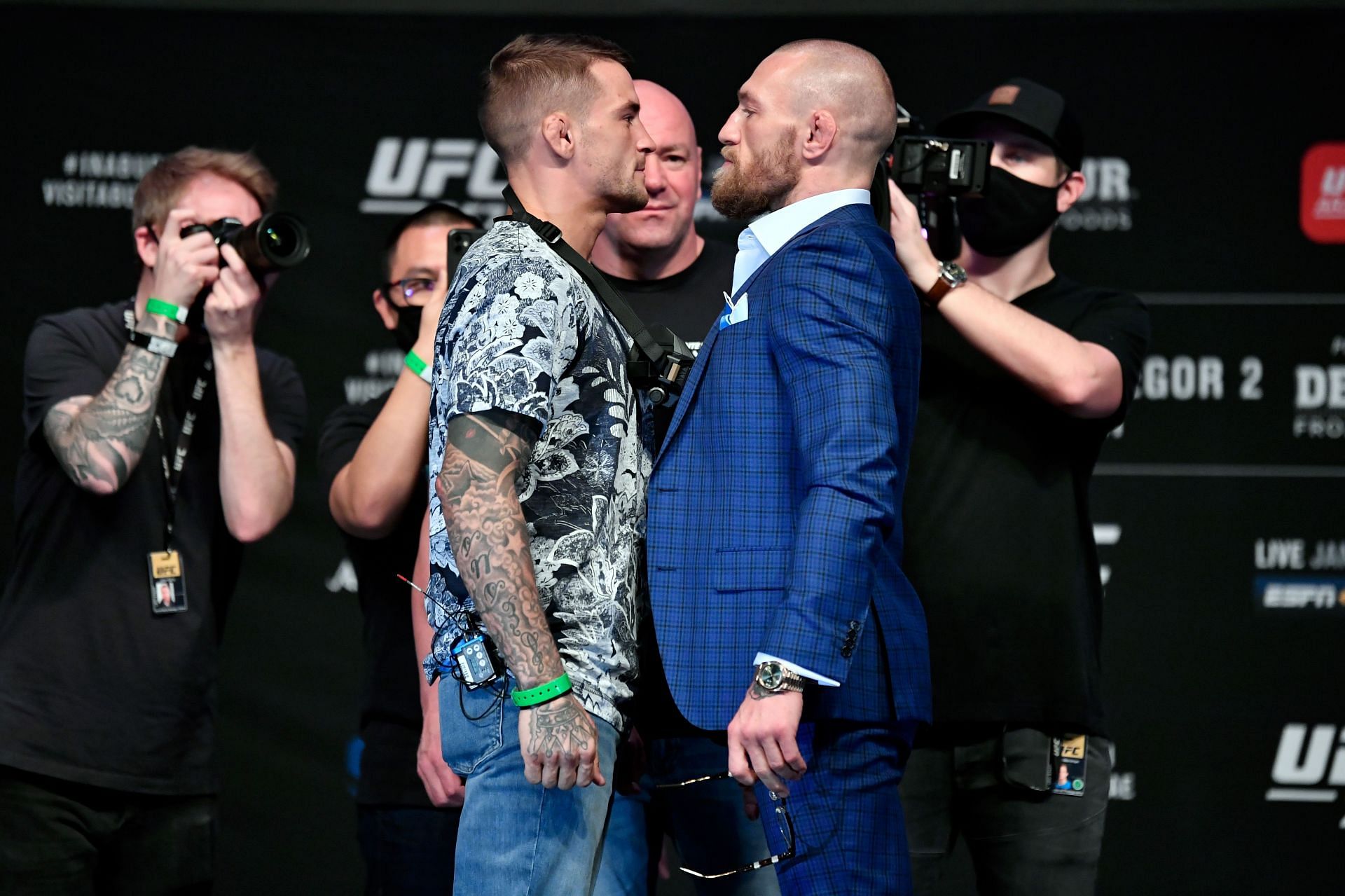 Conor McGregor and Dustin Poirier at the UFC 257: Poirier v McGregor Press Conference