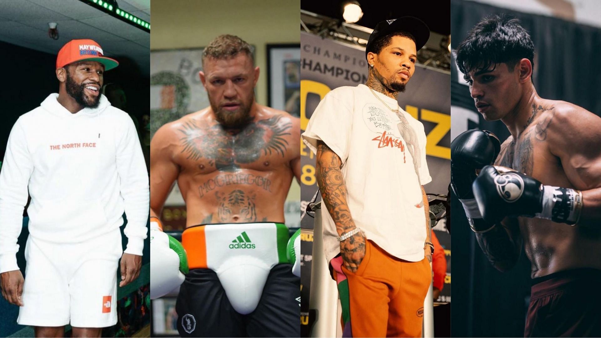 Floyd Mayweather (left, @floydmayweather), Conor McGregor (left center, @thenotoriousmma), Gervonta Davis (right center, @gervontaa), Ryan Garcia (right, @kingryan) [images courtesy of Instagram]