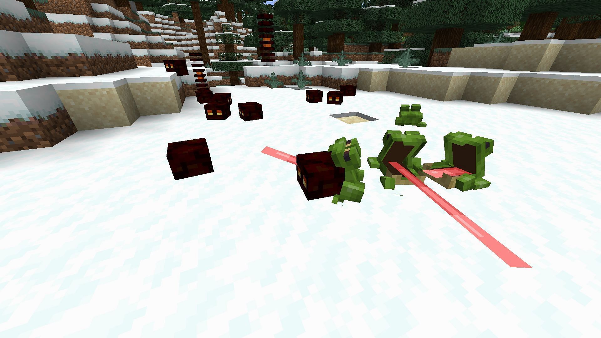 Frogs eating magma cubes and dropping green variant of the light blocks (Image via Mojang)