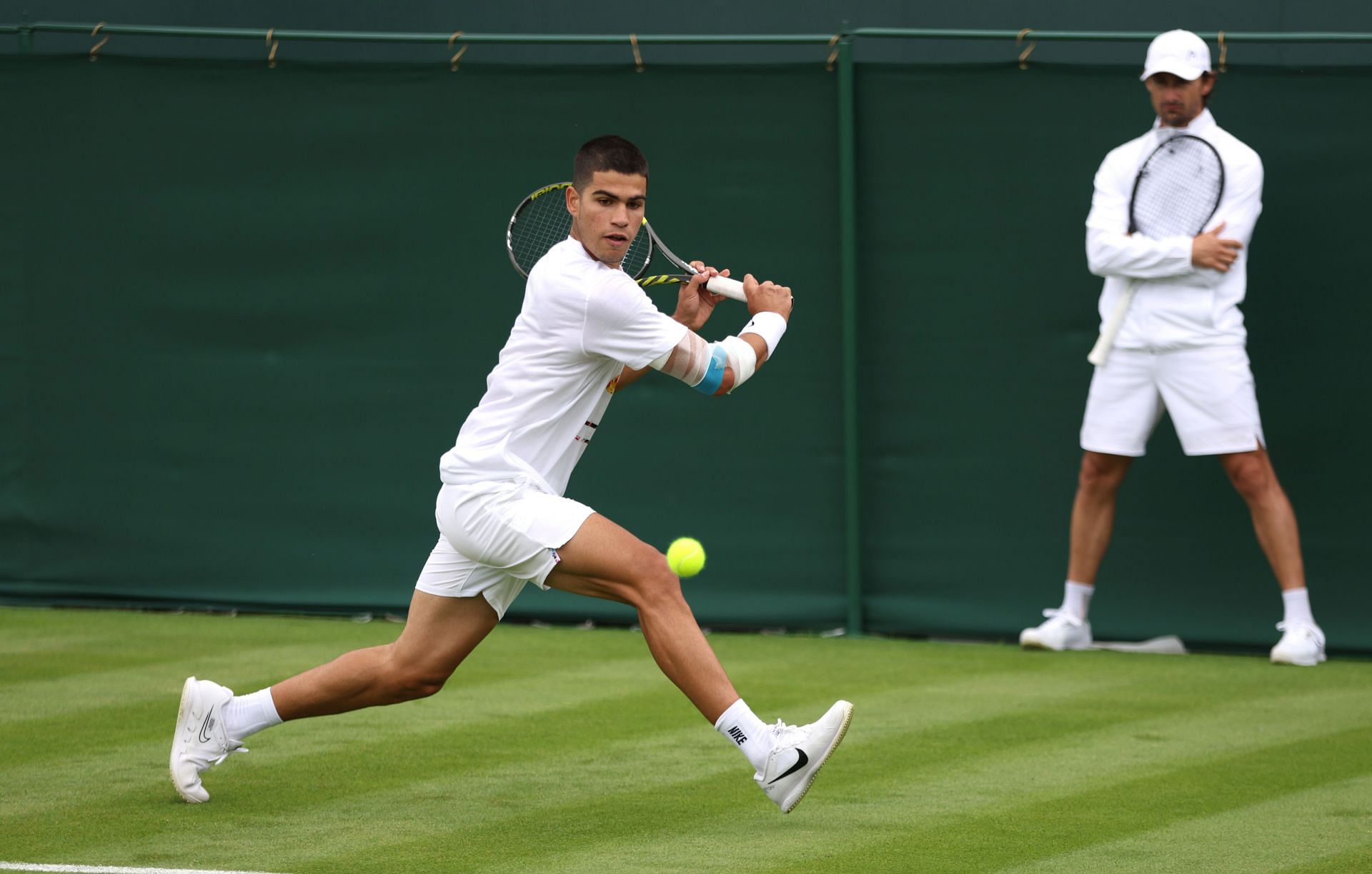 Carlos Alcaraz in action during a practice session ahead of Wimbledon 2022