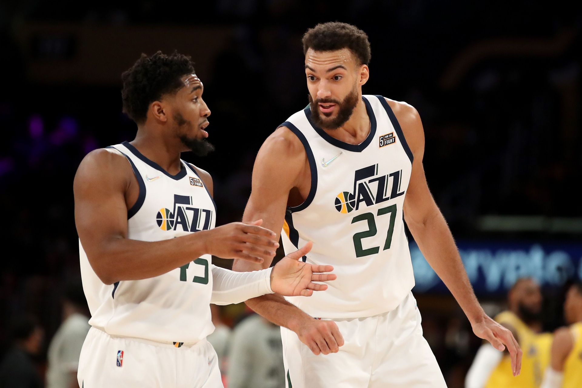 Donovan Mitchell, left, and Rudy Gobert of the Utah Jazz