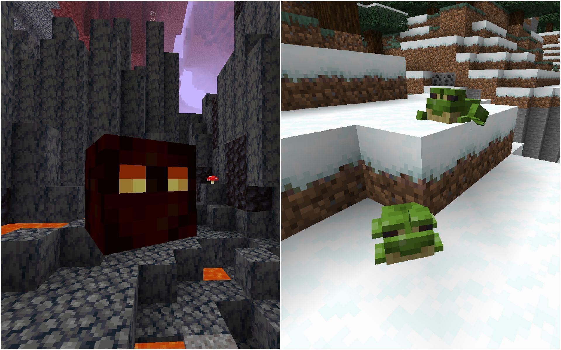 Magma cubes are found in basalt deltas, while frogs are only found in swamp biomes but can be bred anywhere (Image via Mojang)