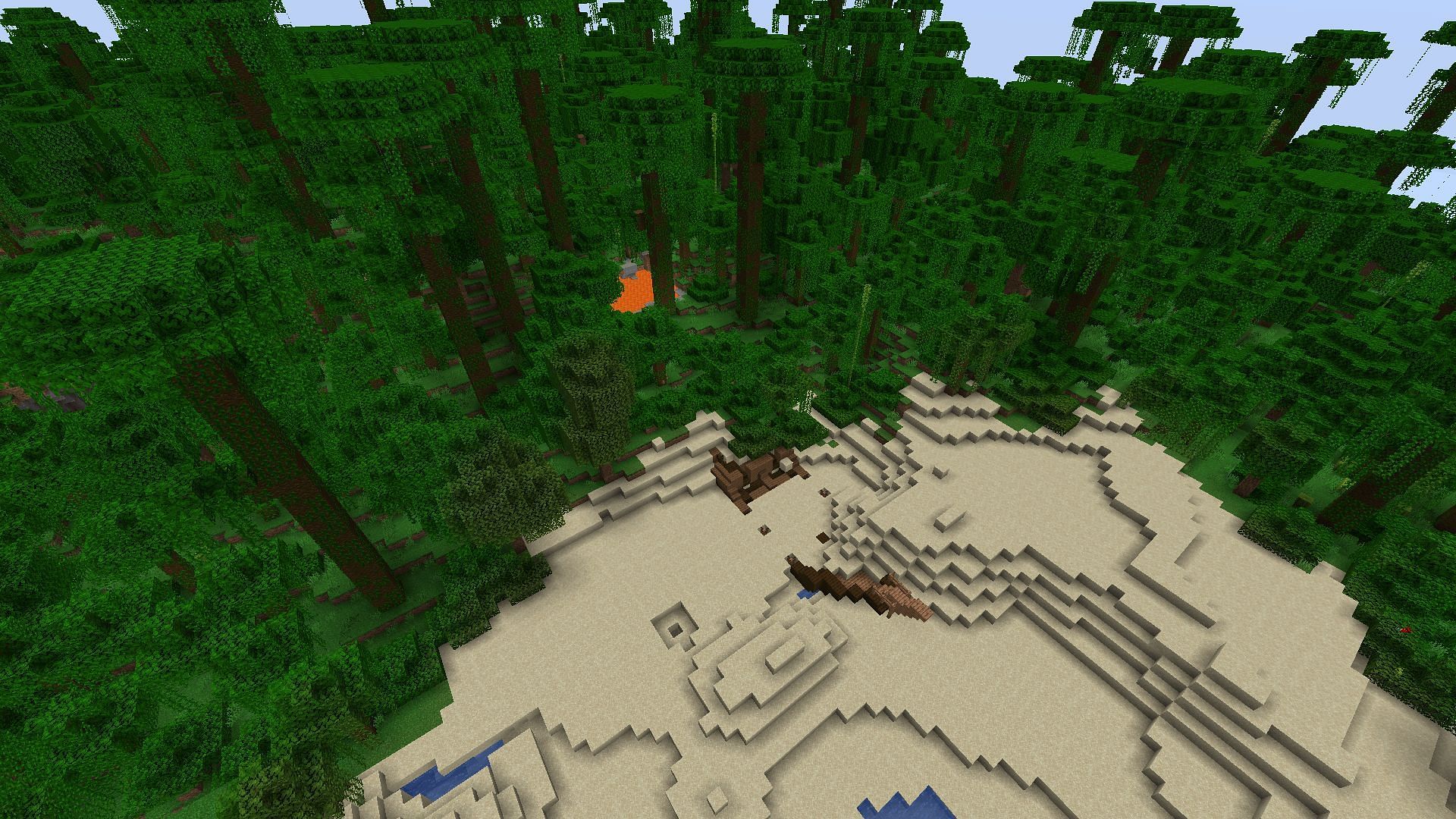 The jungle beach featuring the buried shipwreck (Image via Minecraft)