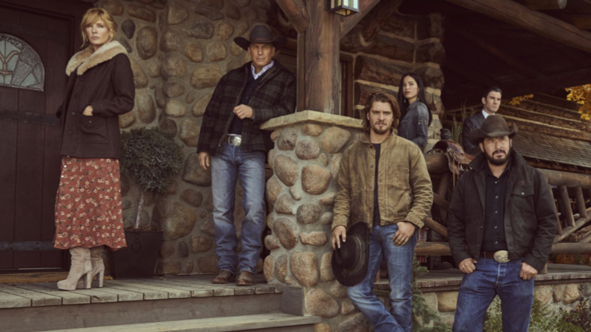Kevin Costner, Wes Bentley, Cole Hauser, Kelly Reilly, Kelsey Asbille, and Luke Grimes in Yellowstone (Image via IMDb)