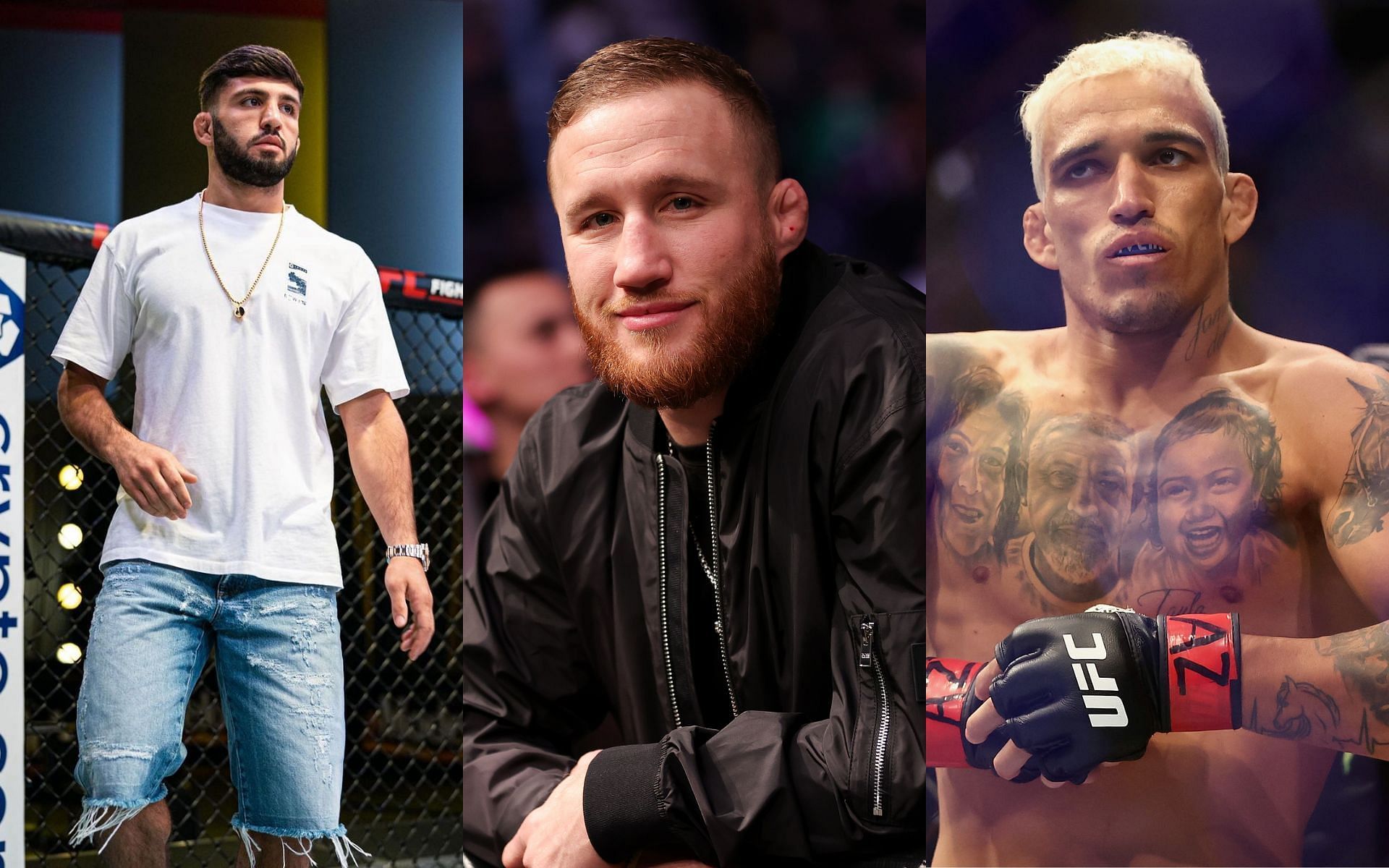 Arman Tsarukyan (left, image courtesy of @arm_011 Instagram); Justin Gaethje and Charles Oliveira (center and right, images courtesy of Getty)