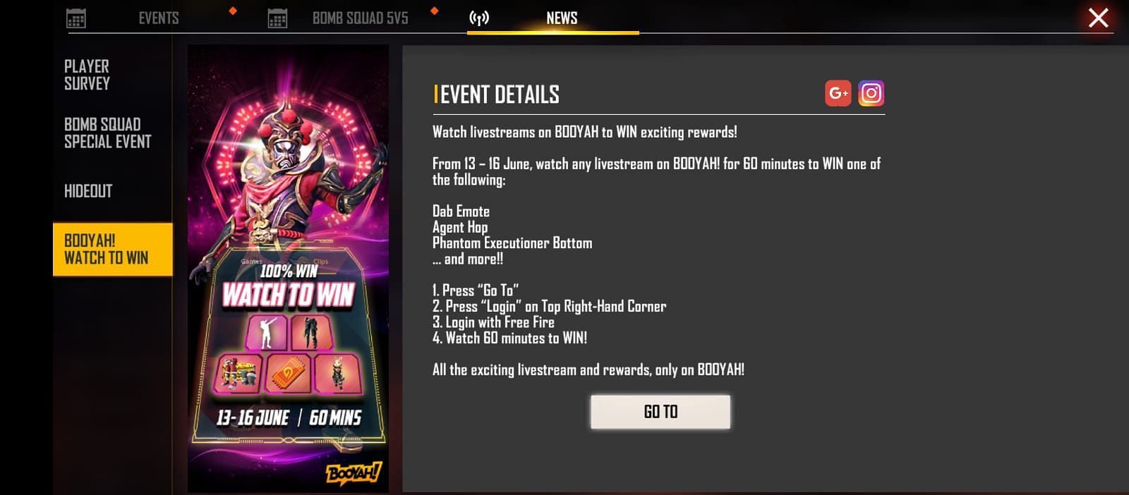 Rewards offered by the game via the Watch to Win event (Image via Garena)