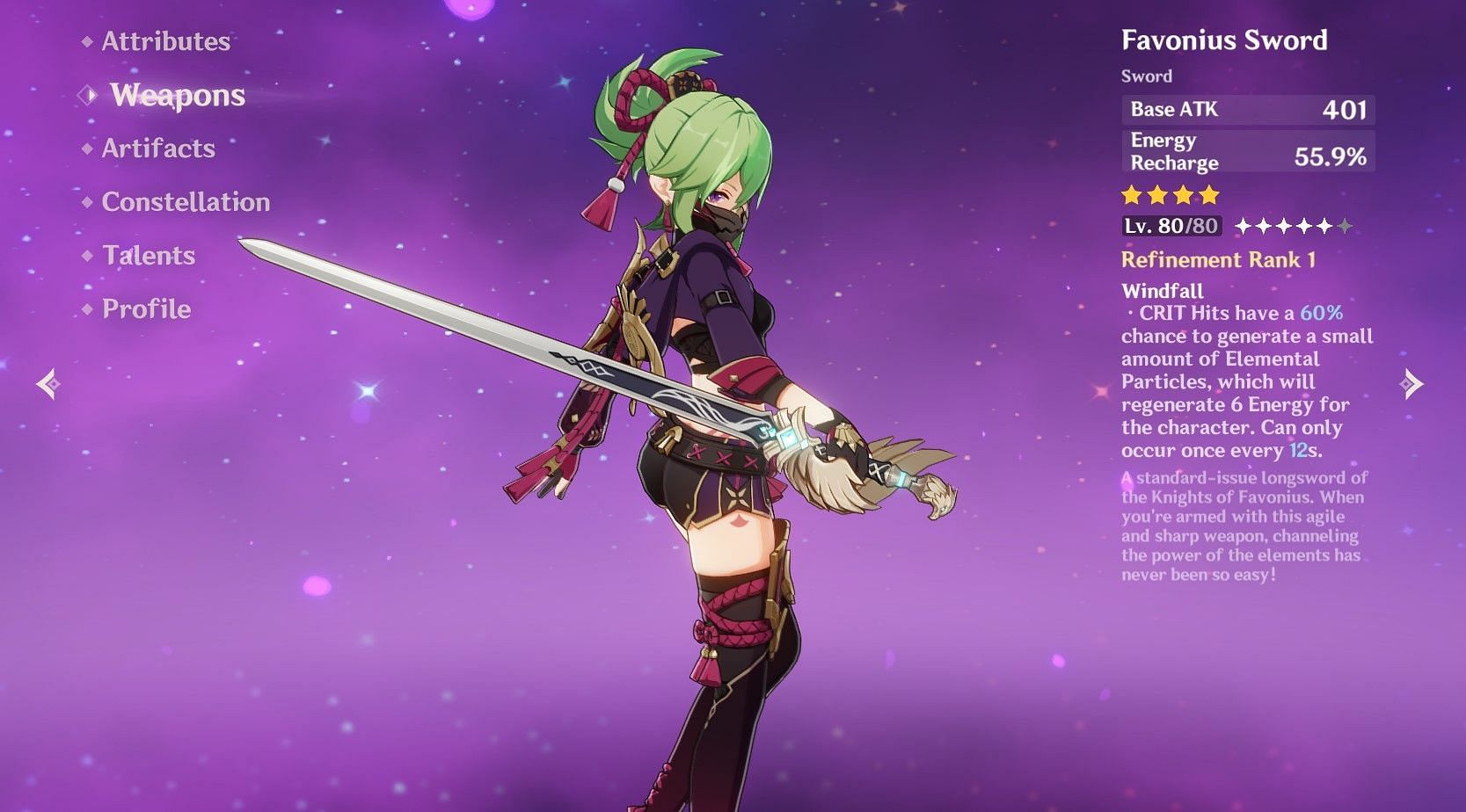 Her Test Run features her using a Favonius Sword, which is great for support builds (Image via HoYoverse)