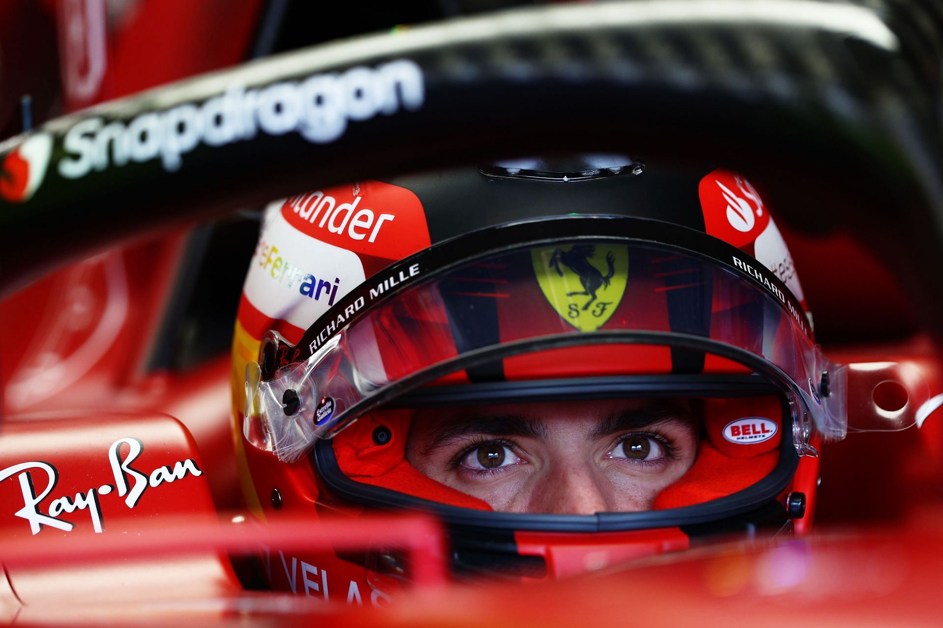 Ferrari driver Carlos Sainz prepares to exit his garage for practice during the 2022 F1 Canadian GP (Photo by Clive Rose/Getty Images)
