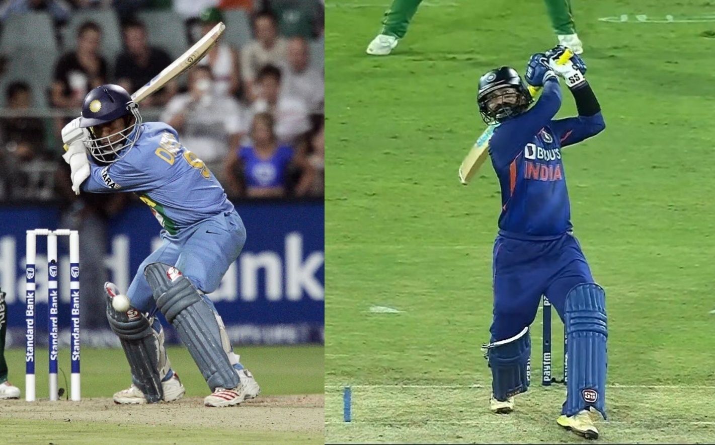 (Left) Dinesh Karthik batting in India&rsquo;s first T20I; (Right) The batter during the ongoing series against South Africa.