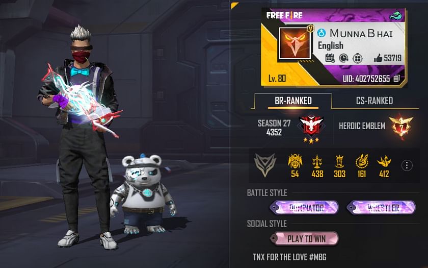 Free Fire MAX : Munna bhai gaming's ID, stats, rank, K/D ratio