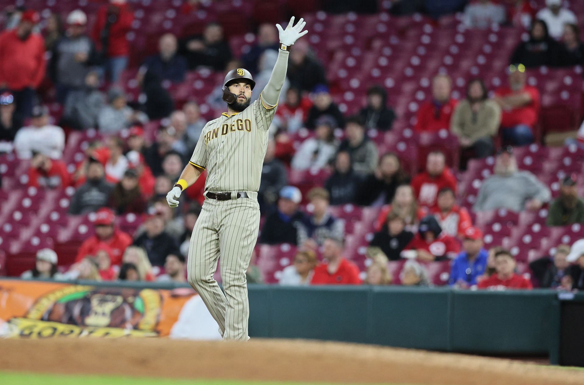 Eric Hosmer celebrates a hit during a San Diego Padres v Cincinnati Reds game.