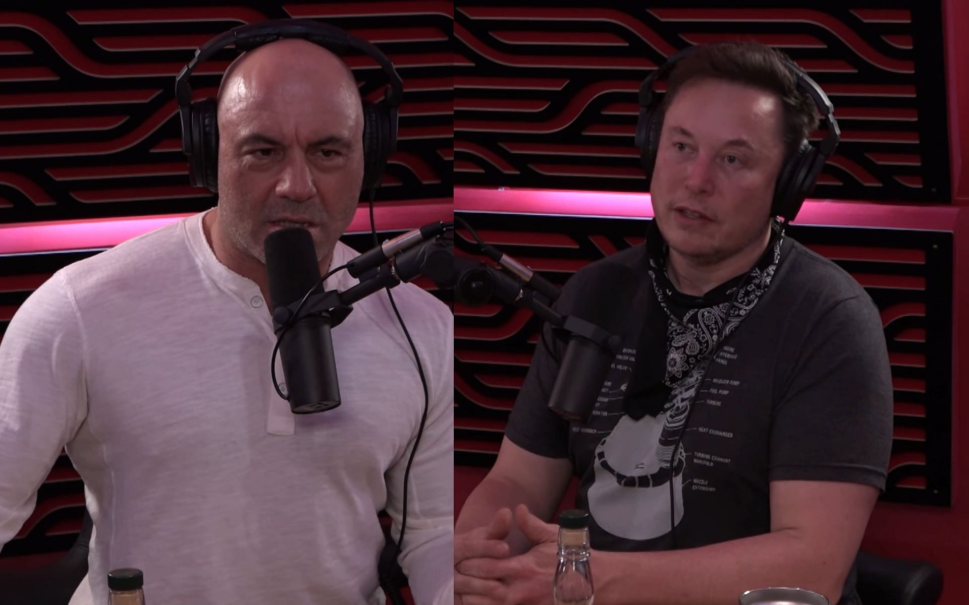 Joe Rogan (left), Elon Musk (right) [Images via JRE Spotify]