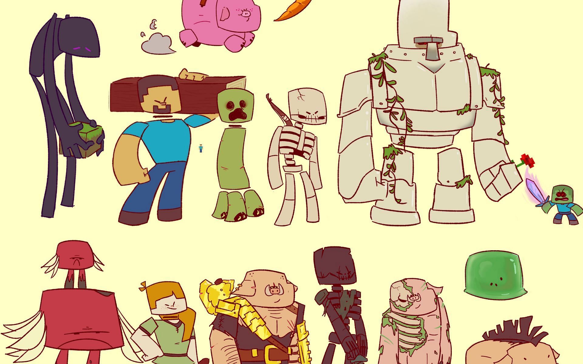 Several Minecraft characters and mobs drawn in a unique style (Image via u/pepo-pepito Reddit)