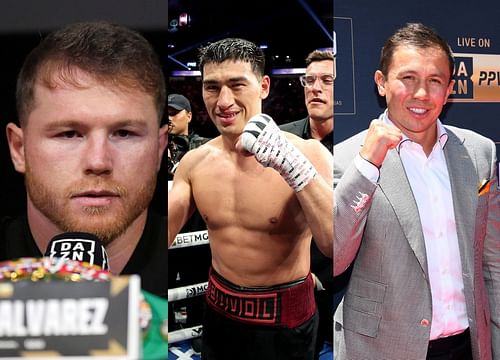 Canelo Alvarez (left), Dmitry Bivol (center), Gennadiy Golovkin (right)