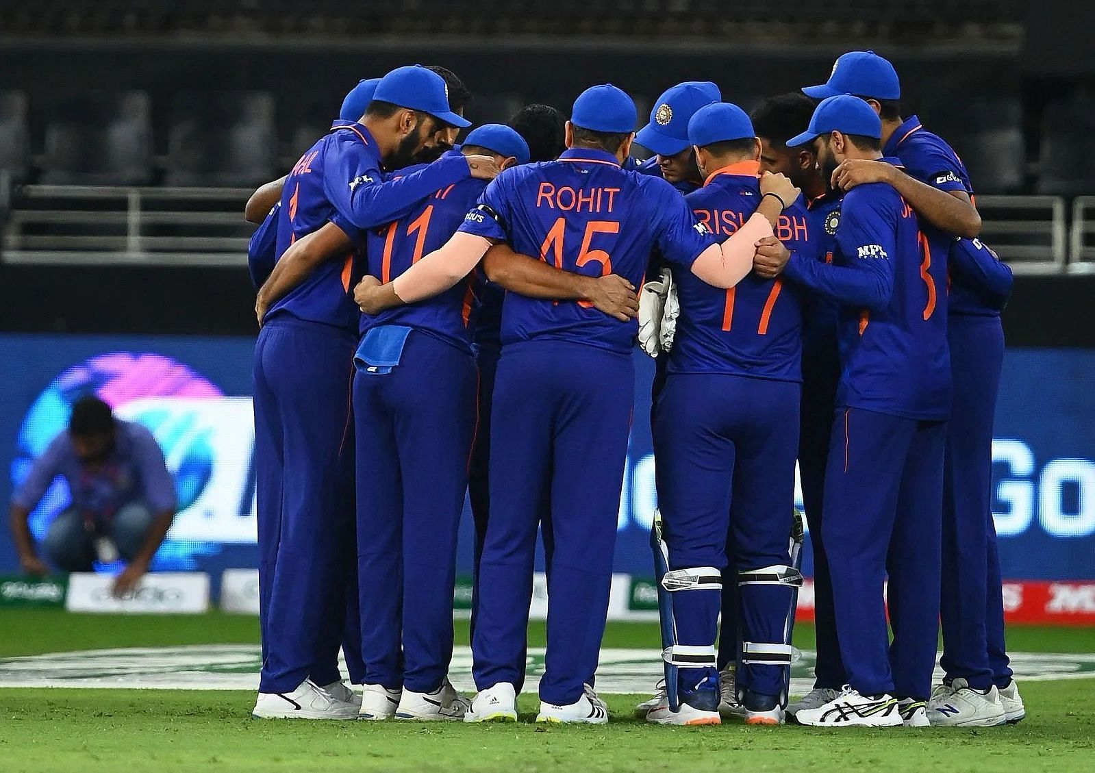 Team India players in a huddle. Pic: Getty Images