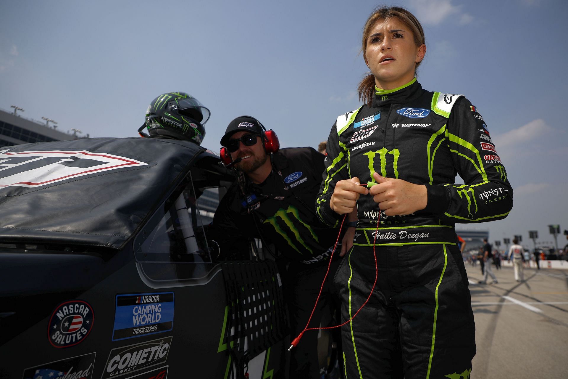 Hailie Deegan walks the grid during qualifying for the NASCAR Camping World Truck Series SpeedyCash.com 220 at Texas Motor Speedway