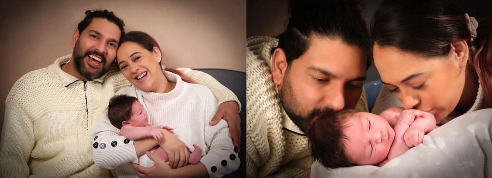 Yuvraj Singh with his wife and son.